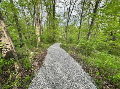 a gravel path in a wooded area with trees at Suite 2 in Butler