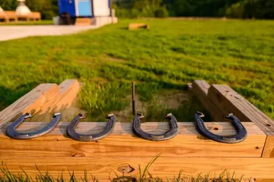a wooden boat with black horseshoes in a field at Red River Elusive Elk Glamping Tent 1 in Stanton