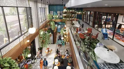 an overhead view of a shopping mall with people at Urban Elegance Studio Oasis Prime Location in Cleveland