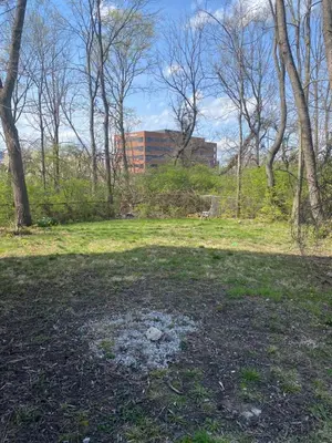 a field with trees and a building in the background at Second floor petite studio private room in Cincinnati