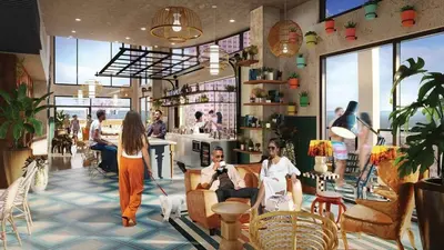 a rendering of a restaurant with people sitting in chairs at 4 Brand new combined apartments with city views in Cleveland