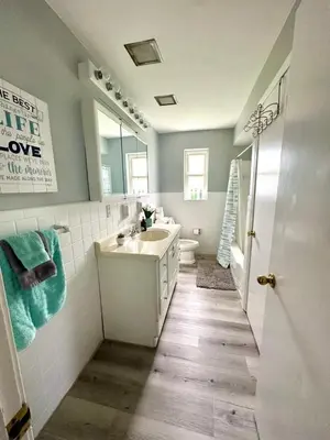 a bathroom with a sink and a toilet and a mirror at 2 Homes for large group Hot Tub in Mason