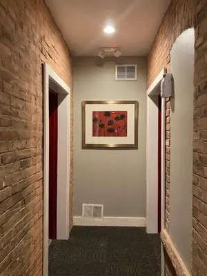 a hallway with a brick wall and a painting on the wall at Cle Suites 2BR 1BA 5 min Walk to Cle Clinic #14 in Cleveland