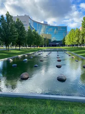 a pond in a park with rocks in the water at Cle Suites 1BR 1BA 5 min Walk to Cle Clinic #15 in Cleveland
