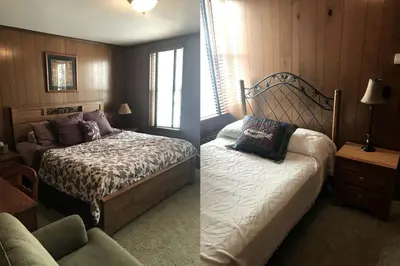 two pictures of a bedroom with a bed and a couch at Inviting Suite Rental in a Charming Farmhouse in Sandusky, Ohio in Sandusky