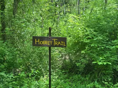 a street sign in the middle of a forest at Enchanting Tree House with a Slide on 200 Acres for a Family Adventure in Germantown, Kentucky in Germantown