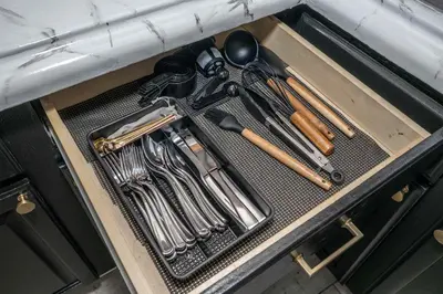 a drawer filled with cooking utensils in a drawer at Chic Modern Gem with Style Suites in Cincinnati