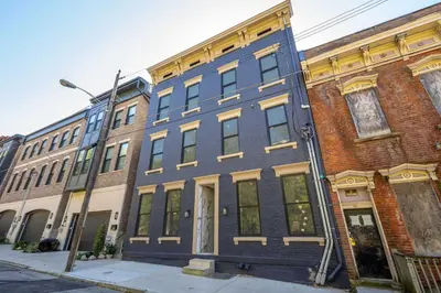 a blue building on the side of a street at Queen City Views 2 Sleeps 2 in Cincinnati