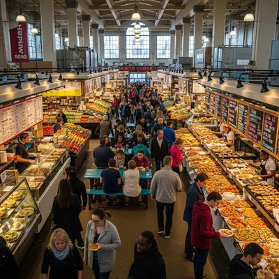 a group of people walking around a food market at North Pearl Residences 874 in Columbus