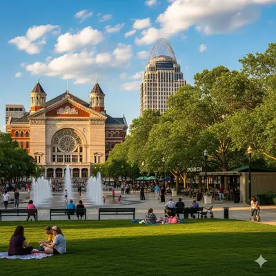 people sitting in a park in front of a building at Suites on Main 2 in Covington