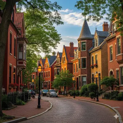 a cobblestone street in a town with buildings at Chic City Retreat 93F in Columbus