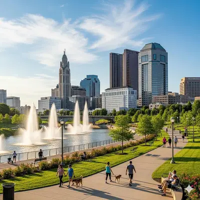 people walking their dogs in a park in front of a city at Chic City Retreat 93G in Columbus