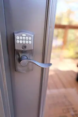 a close up of a door with a lock at Group Friendly Cabin with Spa on the Deck near Tappan Lake in Ohio in Deersville