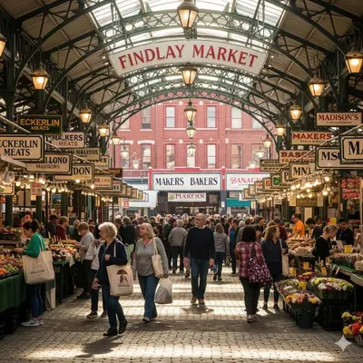a market with a crowd of people walking through it at Findlay Market Suite 3 - For 2 in Cincinnati