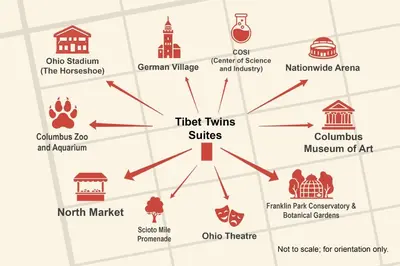 a map of the museum of art with its attractions at Tibet Twins 1 Cozy Stay for 6 in Columbus