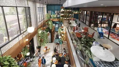 an overhead view of a shopping mall with people at 2 Centrally Located DT Luxury studios at City Club in Cleveland