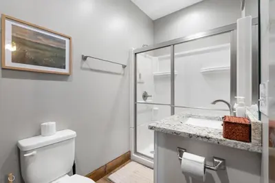 a bathroom with a shower and a toilet and a sink at Calaboose Retreat in Campton