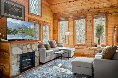a living room with a couch and a fireplace at Hot Tub No Pet Fee Prime Location - Beary Cozy in Slade