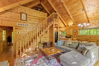 a living room with a couch and a table at Hot Tub No Pet Fee - Beary Secluded - RRG in Slade
