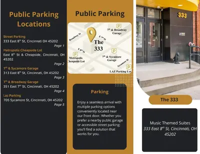 a flyer design for a public parking location at The 333 Suites 303 - Suite for 6 in Cincinnati
