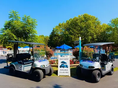 two golf carts are parked in a park at Put-in-Bay Island Club #9 in Put-in-Bay