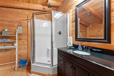 a bathroom with a shower and a sink at Starry Mountain Night- Private Pool, Pool Table in Stanton