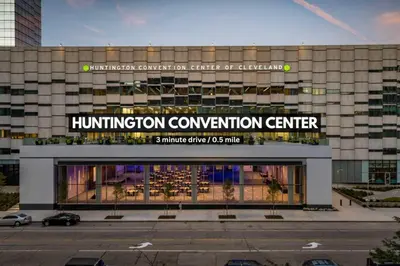 a building with a sign that reads humiliation convention center at 21st Floor Penthouse | Amazing Views of Downtown! in Cleveland