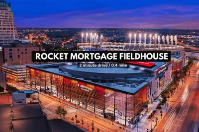 a building with a sign that reads rocket mortgage fieldhouse at The Playhouse Suites 1BD | Parking | Downtown in Cleveland