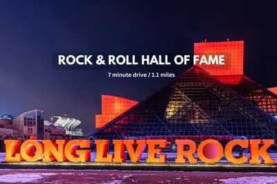 a picture of a rock and roll hall of fame with buildings at Super LUX Downtown 1BD Condo | Gym | 24/7 Security in Cleveland