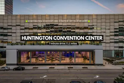 a building with a sign that reads humiliation convention center at Luxury Condo in Playhouse Square: Walkers Paradise in Cleveland