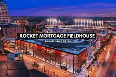 a building with a sign that reads rockett mortgage fieldhouse at Elegant Loft in the Heart of Downtown | Gym in Cleveland