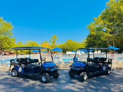 two golf carts parked next to each other at Put-in-Bay Island Club #74 in Put-in-Bay