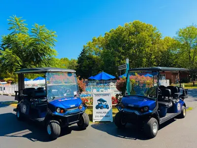 two golf carts are parked next to a sign at Put-in-Bay Island Club #113 in Put-in-Bay