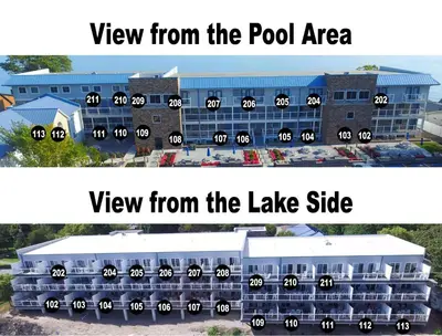 a view from the pool area of a large building at Put-in-Bay Waterfront Condo #208 in Put-in-Bay