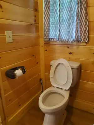 a bathroom with a toilet in a wooden room at The Genoa - An Amish Built Deluxe Cabin in Genoa