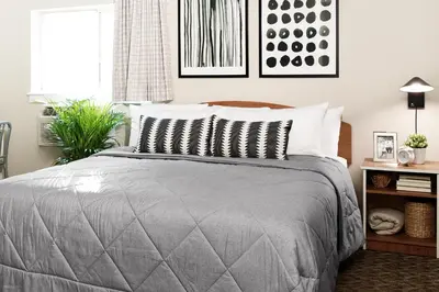 a bedroom with a bed with a gray comforter at InTown Suites Extended Stay Columbus OH - I-70E Hamilton Rd in Columbus