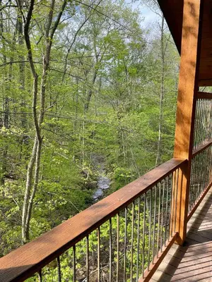 a deck with a view of a river in the woods at Cricket Hill Treehouse C by Amish Country Lodging in Millersburg