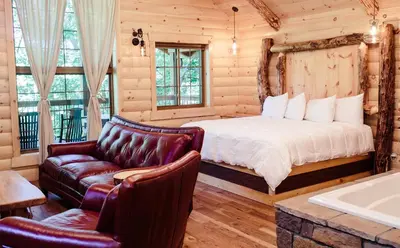 a bedroom with a bed and a couch and a tub at Treehouse #7 by Amish Country Lodging in Millersburg