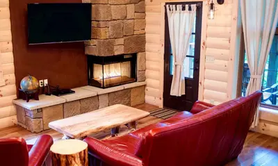 a living room with a couch and a fireplace at Treehouse #5 by Amish Country Lodging in Millersburg
